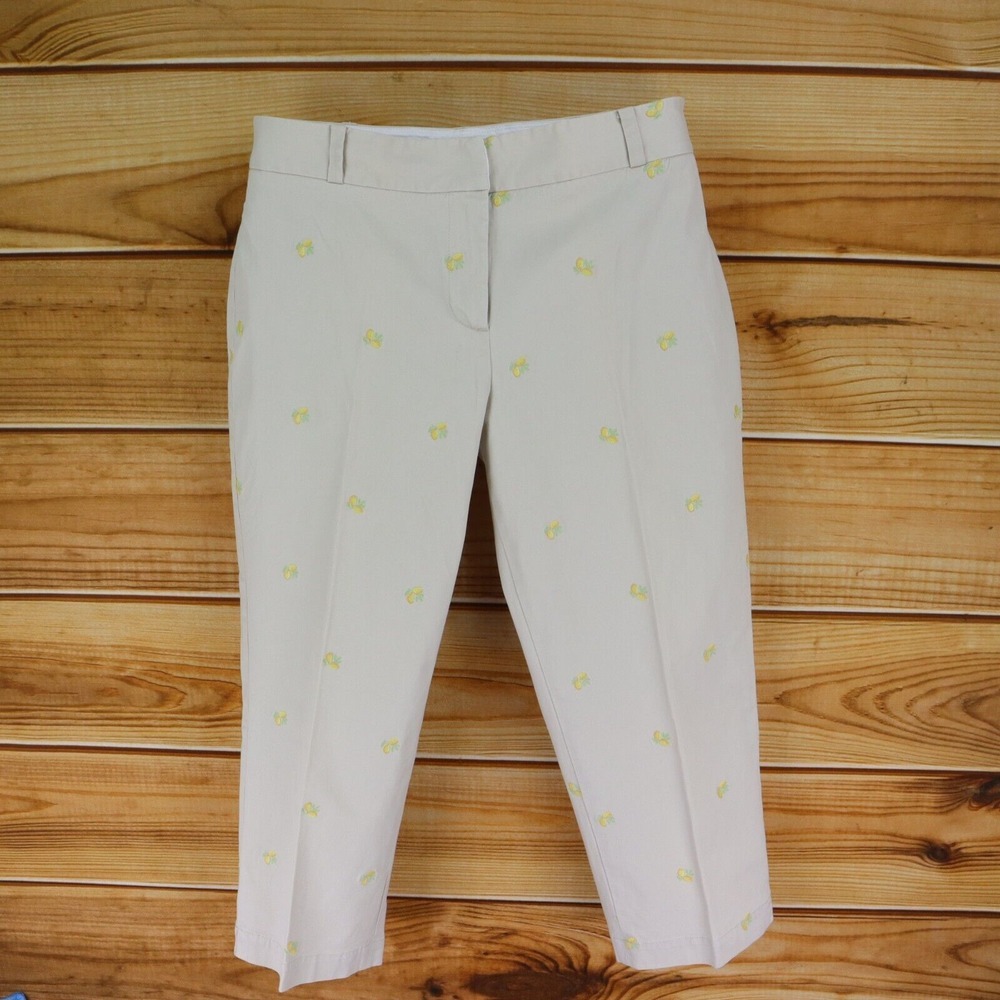Talbots Heritage Capri Pants Womens Size 10P Khaki Beige Embroidered Lemons